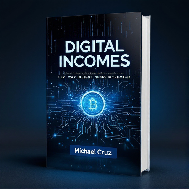 A dominant digital network motif, using abstract circuits and binary code patterns, fills the background, emanating from the bottom left and radiating upward. In the foreground, an icon resembling a coin or currency symbol made of pixels is placed centrally, signifying digital wealth. The color scheme is a sophisticated palette of deep blues and metallic silvers, creating a modern and authoritative look.