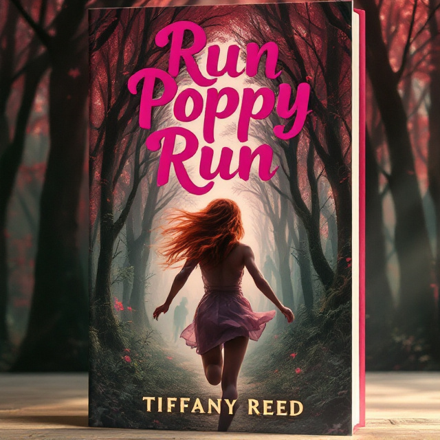 A young woman with flowing red hair is depicted in a dynamic pose, running through a vibrant and exaggerated forest. The trees loom tall and slightly distorted, adding a fantastical element. There are subtle shadowy figures lurking in the background, suggestive of a stalker or vampire presence. The overall mood is an intriguing mix of beauty and fear, captured with a bright, almost ethereal palette dominated by shades of pink. Soft beams of sunlight filter through the canopy, creating a contrast that accentuates the young woman's urgency and vulnerability.