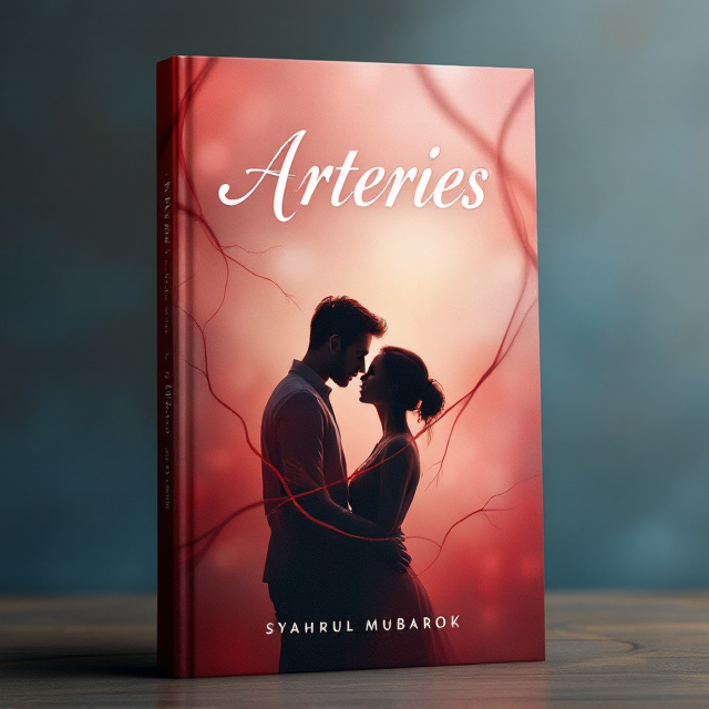 A narrow, intertwined bloodline resembling an artery diagonally cuts across the lower part of the cover. At the center, slightly above the artery, a silhouette of a man and a woman is shown leaning into each other, their heads almost touching, conveying intimacy amidst a background of soft, blurred colors that transition from deep red to soft pink and eventually into a serene blue at the top, symbolizing the range of emotions from anger and sadness to lovely and happy.