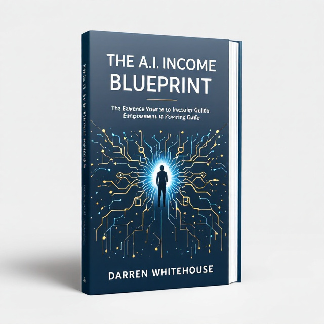 A sleek and modern cover featuring a deep blue background with abstract, interwoven neural network designs in gold and light blue. At the top, a bold, futuristic font spells out “The AI Income Blueprint.” The middle section displays the subtitle in a clean, white font, and at the bottom, a simple, elegant white font highlights the guide's promise. A subtle silhouette of a person, depicted in an assertive stance, is intertwined with the neural design, symbolizing empowerment through AI.