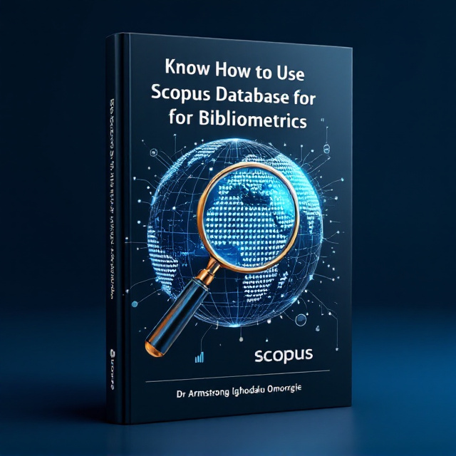 A stylized globe with interconnected nodes and lines covers the background, symbolizing global research networks. Overlaying the globe are subtle abstract data visualizations, including bar graphs and citation networks. A magnifying glass with a polished handle hovers over a prominent section of the globe, emphasizing discovery. The Scopus logo is subtly integrated into the globe design, if permitted, adding authenticity.