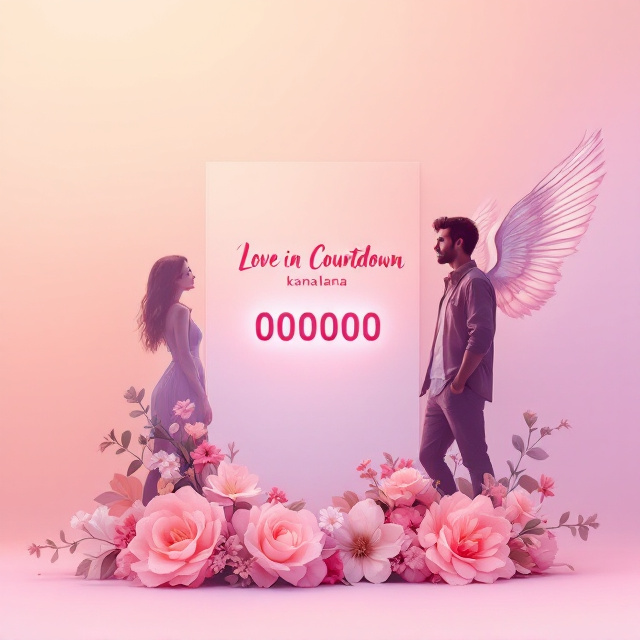 A pastel gradient background flows from peach to lavender, creating a dreamy canvas. On the left side, a delicate silhouette of a woman with wavy hair gazes thoughtfully. On the right, a silhouette of a casually dressed man with semi-transparent oversized wings, suggestive of Cupid's identity, adds intrigue. Across the center hovers a subtle digital countdown timer (000000), giving a sense of urgency. Abundant floral elements swirl around the lower half, adding a burst of romance and vitality.