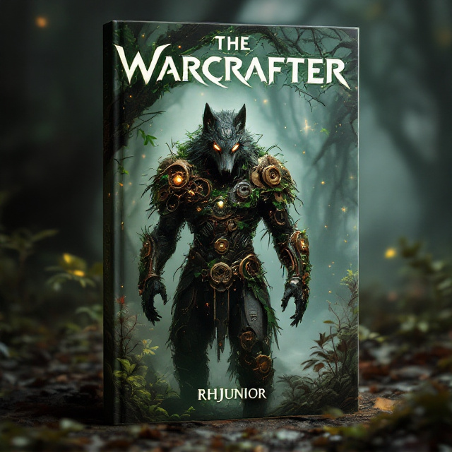 The cover features a dynamic scene of a werewolf clad in blended armor—gleaming clockwork gears mixed seamlessly with vines and leaves. The werewolf stands resolutely in a blend of technology and nature, with a background of a dense, misty forest barely visible behind streams of faint electric glow. Splashes of metallic colors intermingle with deep greens and browns, conveying a sense of action and mystery.