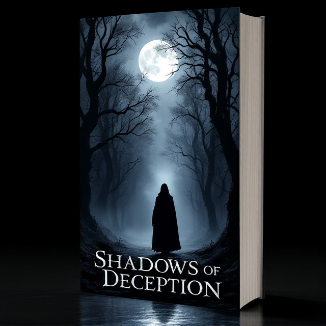 A shadowy silhouette of an enigmatic figure stands at the border of a dark, misty forest. The moonlight is straining through dense clouds, casting eerie shadows on twisting tree branches. On the ground, there's a shimmering pool of water reflecting both the moon and the figure, deepening the sense of mystery.