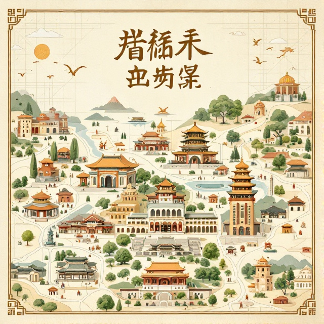 A top-down illustration of Rugao City featuring key landmarks like the Shuihui Garden, Dinghui Temple, and Rugao Longevity Cultural Park. The landmarks are rendered in a detailed, illustrative style using soft, natural colors to mimic the look of an aged map. The background is a subtle map grid pattern to enhance the cartographic feel.