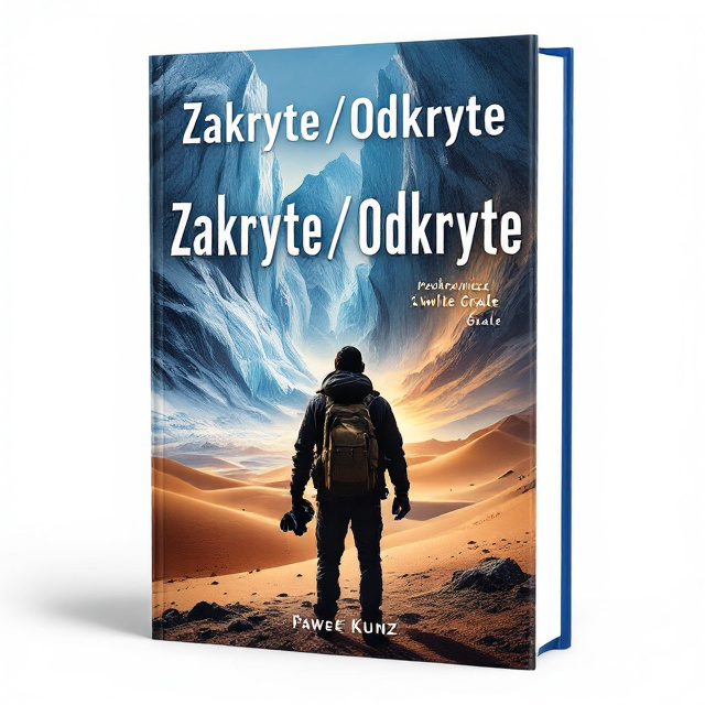 A dynamic scene featuring a silhouette of a traveler with a backpack and a notebook in one hand, a camera in the other, facing away. The background is a striking collage, seamlessly merging the icy landscapes of Greenland with the warm sands and dunes of a vast desert, radiating an aura of mystery and adventure.