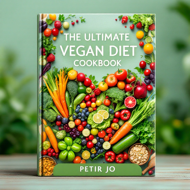 The cover features a lush, vibrant spread of assorted fresh vegetables and fruits, artistically arranged to form a heart shape at the center. A light, textured background in various shades of soothing green enhances the feeling of natural health. The title, "The Ultimate Vegan Diet Cookbook," is elegantly placed above the heart image, with smaller images of prepared dishes subtly integrated into the background for depth and interest.