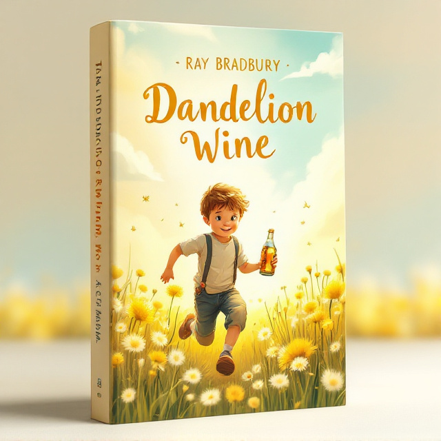 A whimsical and nostalgic illustration of a small boy running through a vibrant field of dandelions with a vintage glass bottle of wine in one hand. The background features a sun-drenched sky with soft pastel colors, evoking a sense of warmth and innocence. The dandelions are gently swaying, capturing a moment of joyful childhood freedom.