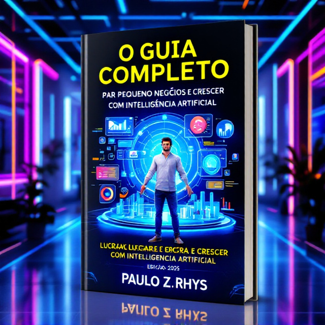 A central character, a young entrepreneur with an optimistic gaze, stands confidently in a futuristic workspace. They interact with a digital hologram overflowing with evolving 3D graphs and an expressive chatbot. Intersecting neon lines across reflective surfaces amplify the depth, while smaller holograms float, displaying real-time data. Dominant colors like vibrant blue neon and royal purple with flashes of pink and orange enhance the visual spectacle.