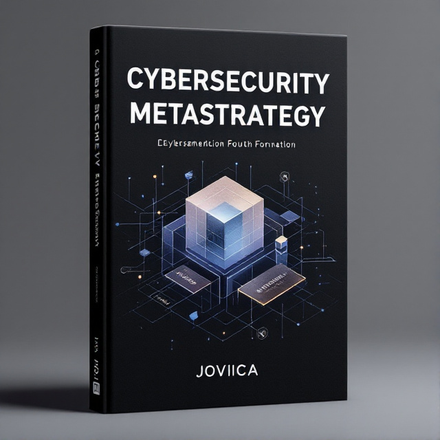 The cover features a dark, minimal background with a subtle grid pattern, symbolizing network and connectivity. At the center, geometric boxes in sleek metallic shades overlap, creating a sense of layers and depth. Within these boxes, key terms related to cybersecurity and strategy are subtly integrated, hinting at the book's content.