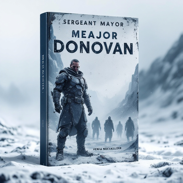 The cover showcases a snow-covered wasteland sprawling across the cover's background. In the foreground stands Sergeant Major Donovan, an imposing figure clad in rugged, dark armor that appears scarred by past battles. Off in the distance, his squad stands as ghostly silhouettes obscured by swirling snow and mist, adding to the sense of isolation. The palette is muted, with dominating whites, grays, and shades of dark blue to emphasize the starkness of the environment.