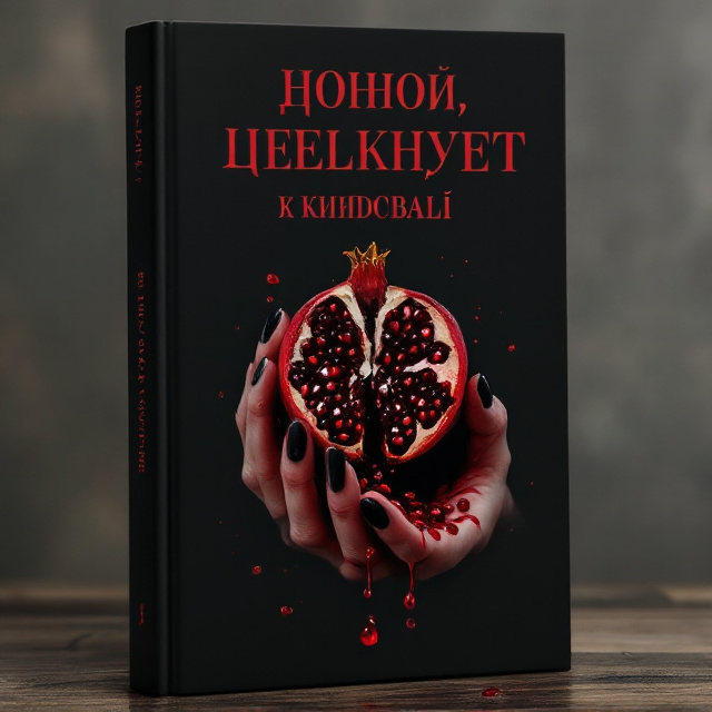 An elegant, feminine hand is centrally placed on the cover, adorned with dark, manicured nails. This hand holds a pomegranate that is split open, its deep crimson seeds spilling out. Pomegranate juice trickles down the fingers, creating a sensual and slightly ominous effect. The background is a deep black velvet texture that exudes gothic elegance. The pomegranate symbolizes mystery and sensuality, while the cascading juice evokes a sense of danger.