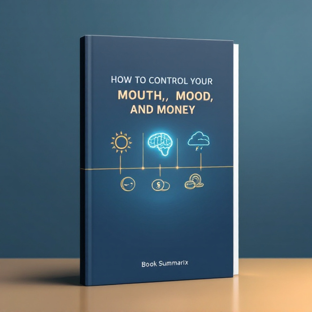 The cover features a minimalist design with a central arrangement of icons representing "Mouth," "Mind," "Mood," and "Money" along a horizontal line across the center. The "Mouth" icon is a simple line drawing of lips, the "Mind" icon is a glowing outline of a brain, the "Mood" icon is a dynamic weather symbol transitioning from sun to storm, and the "Money" icon consists of sleek metallic coins. The background presents a calming gradient from deep blue at the top to soft gold at the bottom.