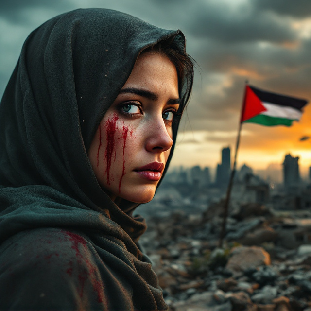 A dramatic scene with the left half dominated by the young Palestinian woman's sorrowful face. Her metallic teardrop gleams against the melancholic setting. The keffiyeh drapes smoothly, slightly bloodstained. The background shows a skyline of war-torn buildings on the right and a vivid Palestinian flag planted prominently. The sky transitions from ominous clouds to a golden-orange hue.