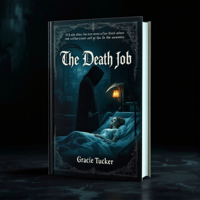 A somber composition with a young grim reaper standing with his back to the viewer, clutching a menacing yet delicate scythe. The reaper is positioned to the left, casting a shadow over a hospital bed that holds a fragile-looking young woman. The setting is dim, save for the warm, lonely glow of a bedside lamp that casts a soft, sad light over her face, emphasizing the gravity and tenderness of the scene.