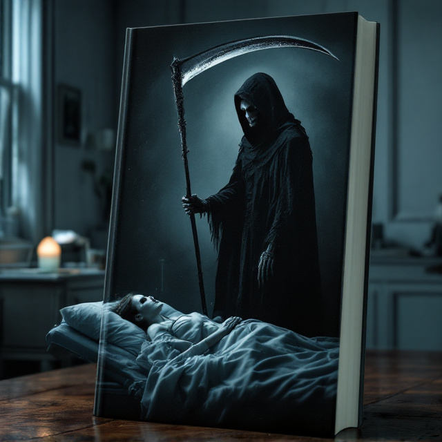 A young grim reaper, draped in a tattered black cloak, stands with his back to the viewer, silhouetted against the dim glow of a softly buzzing nightstand lamp. His skeletal hands clasp a hauntingly beautiful scythe, its blade gleaming faintly. He towers over a fragile, pale woman lying lifelessly in a hospital bed. The room is shrouded in shadow, with grey tones enveloping the scene, emphasizing a heavy atmosphere. A subtle play of light and darkness creates an eerie, yet captivating ambiance.
