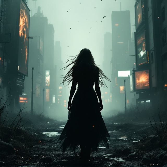 The cover depicts a haunting image of a lone woman standing amidst an abandoned cityscape shrouded in toxic haze. Her long hair is caught in an invisible breeze, and microplastic particles hover in the air, resembling luminescent dust. Her figure is silhouetted and sepulchral, with a shadow that lingers eerily behind her, suggesting a sense of detachment from mortality. Scars crisscross her arms, each symbolizing a page of her history. Towering, desolate skyscrapers with corridors of flickering billboards loom in the background, broadcasting cryptic warnings of an ongoing global crisis.