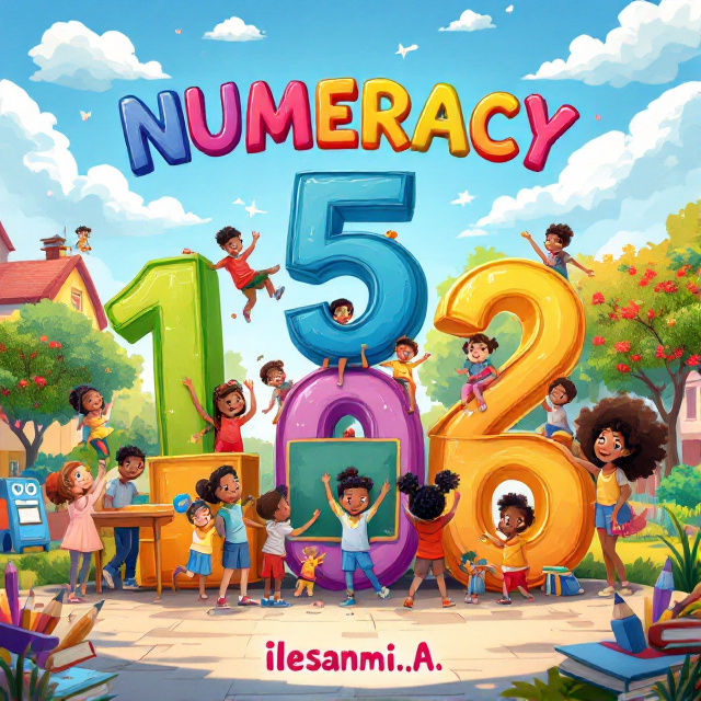 A colorful and captivating illustration of diverse children playing and interacting with large, vivid numbers (1 to 10). The numbers appear in various playful scenarios, each one creatively integrated into a school-related theme, like number one standing at the front of a classroom, number two as twin chalkboards, etc. The background shows a welcoming school yard under a bright blue sky with fluffy white clouds, evoking a sense of joy and discovery.