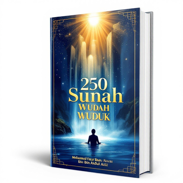 A vibrant blue-toned background sets the stage, showcasing an ethereal waterfall cascading from a golden light source resembling the heavens. The waterfall flows into a serene pool, where a person is depicted peacefully performing wudu (ablution). Above the scene, soft golden rays illuminate the figure, forming a radiant aura that suggests blessings and divine acceptance. In the sky, faint, subtle shapes of gates symbolizing heaven are overlaid, blending into the composition. Water droplets glisten and sparkle around the cover to emphasize purity.