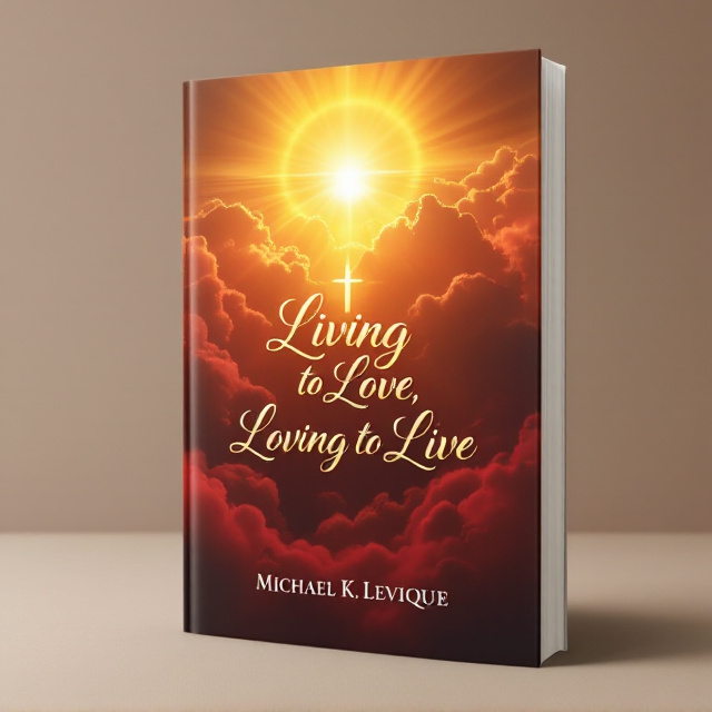 The cover features a radiant golden sun shining through deep crimson red clouds, creating a warm, celestial glow that radiates love and spirituality. The clouds are soft and textured, forming faint silhouettes of a heart and a cross, subtly blending symbolically into the background. The imagery is awe-inspiring and reflective, evoking emotion and spiritual introspection. The overall tone of the cover is serene yet powerful, with a soft yet dynamic interplay of light and shadow.