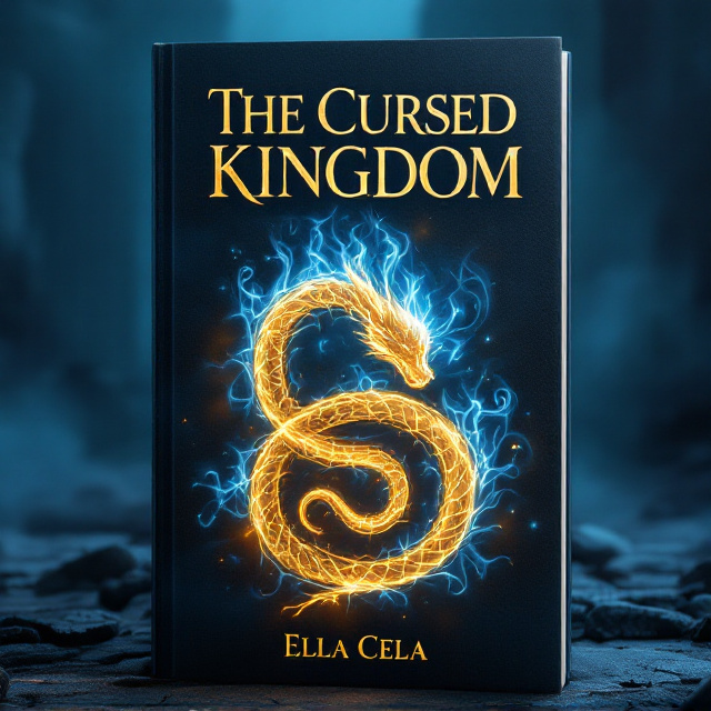 A dark, mystical setting with a glowing golden snake symbol as the focal point, coiled in an almost hypnotic spiral pattern. Encasing the snake symbol, tendrils of vibrant, ethereal blue fire radiate outwards, illuminating the atmosphere. In the background, a shadowy, ancient ruins silhouette appears faintly against a smoky, textured indigo backdrop, adding depth and a sense of foreboding mystery.