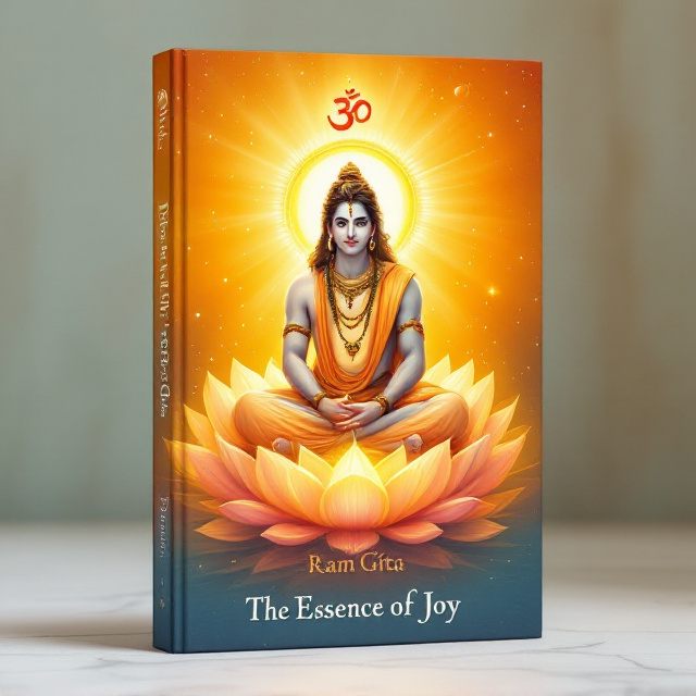 The front cover features Lord Rama, portrayed beautifully in a serene, dream-like illustration, sitting gracefully on a blooming lotus. Surrounding Rama, there is radiant light emanating outward, with celestial symbols such as subtle outlines of stars and planets scattered around Him. Above Rama’s head, the Om symbol glows faintly, symbolizing spiritual unity and divine energy. The soft gradient background transitions from deep orange to warm yellow, and finally to light blue at the edges to convey a sense of peace, joy, and liberation. Fine, subdued textures in the background add depth and sophistication.