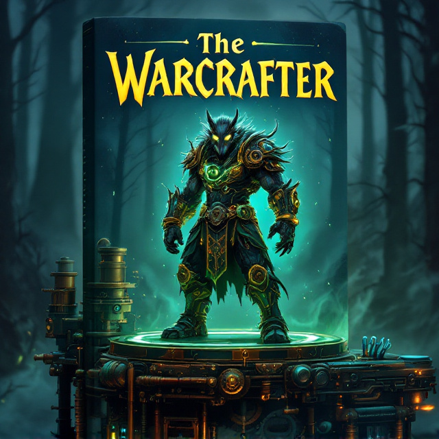 standing book mockup, Its title is "The Warcrafter". Its author name is RHJunior.  A worgen with feral glowing eyes stands on a high-tech steampunk platform with gears, pipes, and brass elements glowing faintly in the moonlight. The worgen is clad in intricately detailed steampunk armor with whirring gears and steam vents, juxtaposed by a faint green aura surrounding him, symbolizing his druidic magic. Behind, an ominous dark forest towers under a stormy, electrified sky to add danger and thrill. At the bottom right, an engineer's toolkit with glowing blue and copper tools is depicted, subtly intertwined with the scene. A metallic, gear-themed serif font for the title, "The Warcrafter," with glowing, beveled edges, placed at the top center. Subtext and the author's name, "RHJunior," are in a steampunk-inspired, angular sans-serif font, smaller and placed near the bottom., The main artwork dominates the center, with the title at the top in bold, prominent lettering, creating a sense of urgency and a high-stakes tone. The author's name is subtly placed at the bottom in smaller text. The background transitions cleanly with slight gradients to bring focus onto the characters and elements.