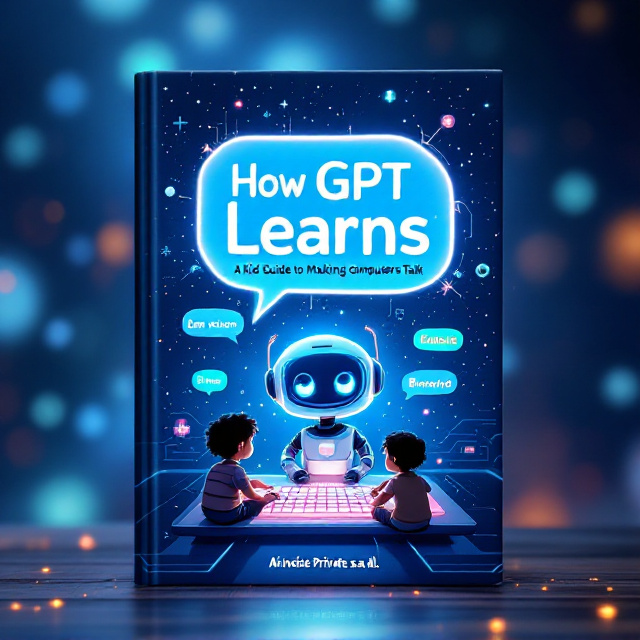 A vibrant cover featuring a blend of a friendly, cartoon-style AI chatbot with a glowing speech bubble encompassing playful text phrases. The chatbot sits at the center, with children silhouettes (two or three) around it, interacting on a luminous, futuristic keyboard. The background displays a galaxy-like theme symbolizing the internet, with interconnected nodes representing language learning and AI. Text snippets in various languages float subtly around the chatbot.