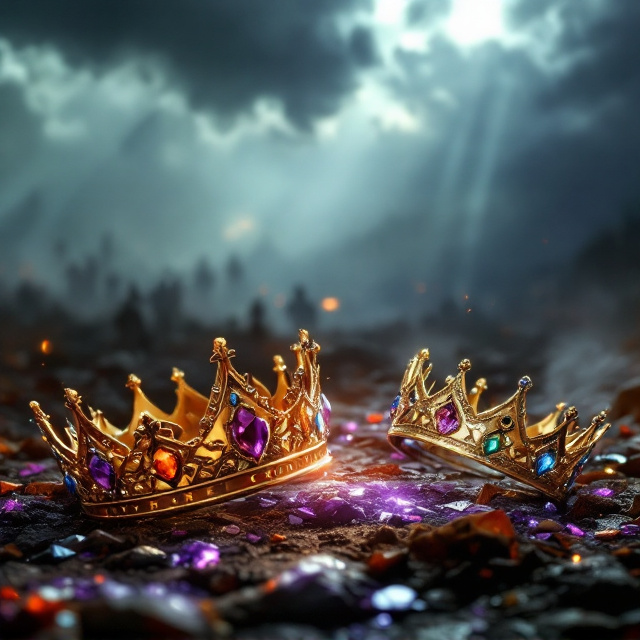 Four majestic crowns lie scattered across a storm-battered ground, their intricate designs illuminated by shafts of light breaking through a dark, ominous storm cloud. One crown glistens, unbroken, adorned with shimmering purple gems, standing out against the other three—each cracked, their once-vivid gems (blue, red, green) dull and scattered. The background shows faint outlines of a raging battlefield, blurred by smoke. Shadows of warring factions loom faintly in the distance.