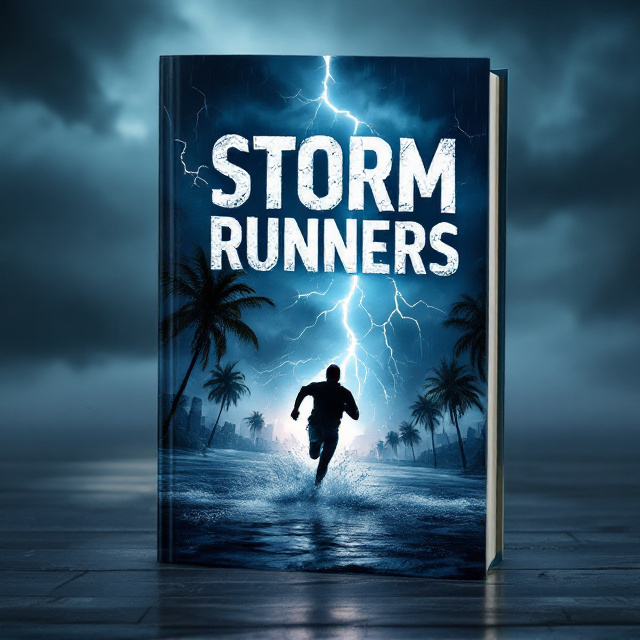 A dark, tumultuous storm sky with swirling clouds dominates the background. Lightning bolts crack across the sky in jagged streaks, leading the viewer's eye to the central image of a silhouette of a runner dashing through floodwaters. Palm trees are wildly bent by fierce winds on the bottom corners of the cover. Rain streaks are visible across the foreground, adding a sense of chaotic movement. There’s a ghostly reflection in the floodwater of a city skyline, suggesting danger in an urban setting.