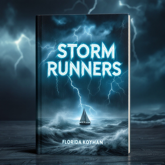 A dramatic, dark, and stormy sky dominates the top third of the cover, with lightning bolts flashing vividly across swirling clouds. A turbulent ocean occupies the bottom third and features a small, fragile-looking sailboat struggling to stay upright amidst massive waves. In the middle ground, faint outlines of a Florida coastline can be seen, being battered by rain. The color palette consists of moody grays, deep blues, and stark whites, with subtle hints of neon glow from the lightning. The overall mood is intense and chaotic, evoking a sense of danger and urgency.