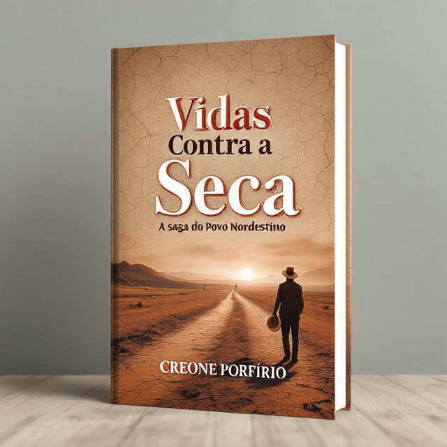 A cracked, dry, reddish-brown earth texture dominates the background, spreading across the entire cover to portray the harshness of the sertão’s drought. On the horizon line at the upper third of the cover, a lone dirt road winds off into the vast, barren landscape. In the forefront, at the bottom right corner of the cover, a silhouette of a man holding a straw hat stands pensive, gazing into the distance with a resolute posture. Subtle rays of sunlight faintly break through the dusty, hazy sky, symbolizing hope and resilience.