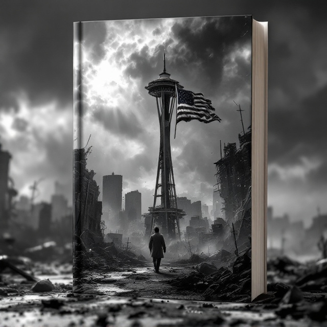 The cover features a grayscale, post-apocalyptic scene. A lone man, wearing a torn overcoat, walks away from the reader toward the center of the frame. In the background, the broken Space Needle rises jaggedly into a gloomy sky filled with swirling ash and faint beams of light breaking through the clouds. A tattered, faded American flag droops lifelessly from a broken flagpole mounted atop the Space Needle. Surrounding the man is a desolate landscape littered with shards of concrete and twisted metal, while the murky, grey water of Puget Sound occupies the lower corner of the scene, adding depth to the desolation.