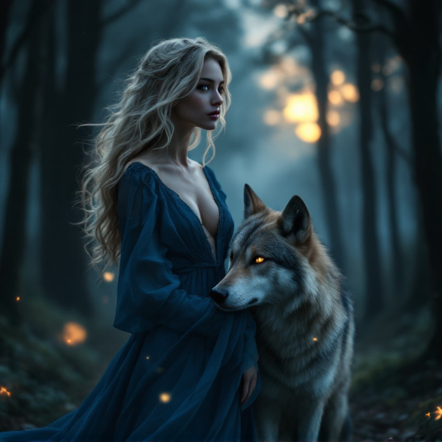 A serene yet haunting forest at dusk as the background with soft shafts of light peeking through the trees. A blonde-haired woman in a flowing, sapphire-blue dress stands in the foreground with a wolf by her side, its piercing eyes glowing faintly. The woman gazes wistfully into the distance, her expression a mix of strength and vulnerability, while the wolf appears protective, exuding a quiet presence. The scene is tinged with ethereal magic, with faint sparkles or glowing motes surrounding the pair.