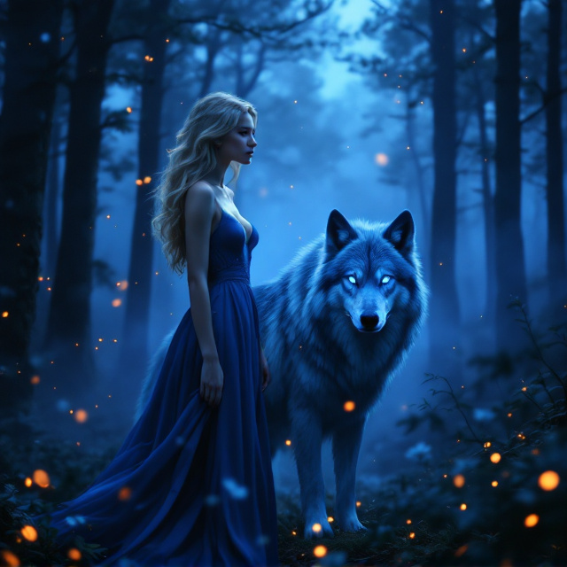 A calming yet haunting forest at dusk serves as the background, with tall trees stretching upwards and scattered shafts of amber and golden light streaming through the foliage. Fog swirls gently near the forest floor, adding a touch of mystery. In the foreground, a blonde-haired woman wearing a flowing, sapphire-blue dress stands gracefully with a slightly pensive expression. Her gaze is fixed on the horizon, exuding a blend of wistfulness and inner strength. Beside her is a large, majestic wolf with faintly glowing, piercing blue eyes; its posture is poised, protective, and watchful. Ethereal motes of light and sparkles float around them, creating an aura of magic and destiny.