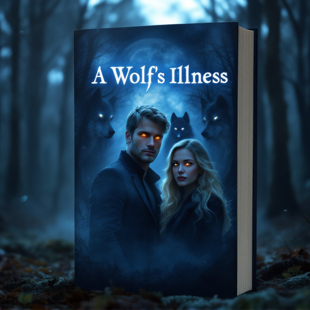 A moonlit forest serves as the background, with a faint mist curling along the ground, creating a ghostly atmosphere. In the foreground, a blonde-haired woman stands side-by-side with a man, their eyes glowing—hers a bright silver, his a deep amber. Behind them, the silhouettes of wolves are visible, their eyes eerily illuminated, blending into the shadowy background. The scene has a soft, surreal glow, with muted tones of blue, silver, and black dominating the palette to evoke a paranormal and romantic mood.