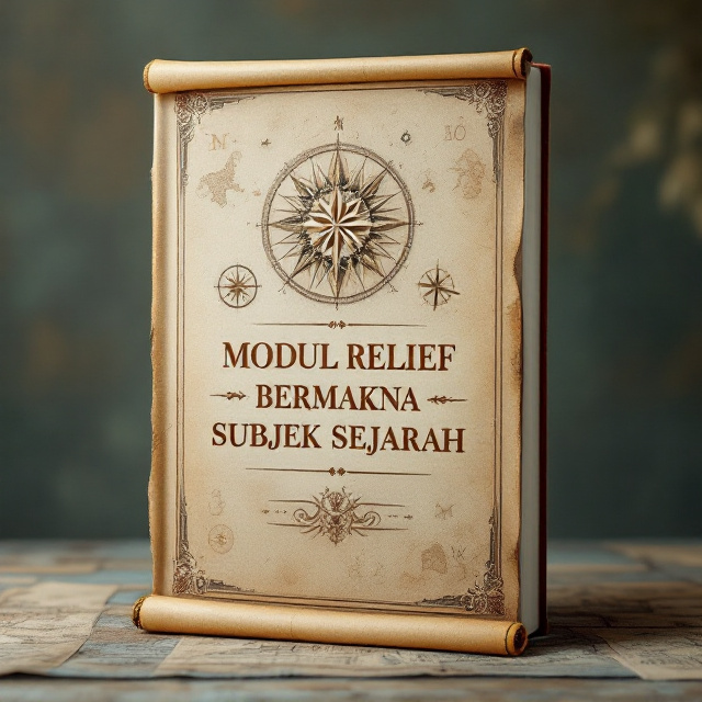 A textured background resembling an ancient manuscript or parchment paper dominates the cover. Centered in the top half is a highly detailed relief sculpture, evoking historical significance, with elements of faded maps and vintage compass icons subtly embedded into the design. Soft sepia and earthen tones create a warm, scholarly aura. The title, "MODUL RELIEF BERMAKNA SUBJEK SEJARAH," is framed by a translucent border that imitates the shape of a scroll, giving the design a timeless feel. Small, intricate embellishments such as engraved patterns or corner decor add elegance and historical depth to the visual.
