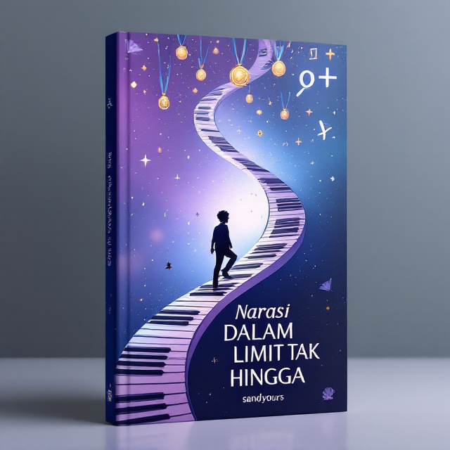 The cover features an abstract blend of purple-to-blue gradients transitioning across the background, symbolizing the protagonist's transformative journey through perseverance and creativity. Central to the cover is a silhouette of a boy walking upward on a curved piano keyboard that stretches diagonally, symbolizing a life filled with challenges yet balanced with passion. Floating above this path are mathematical symbols (focused on the infinity limit symbol ∞) intertwined with shining medals and ribbons, representing his academic and competitive achievements. The composition evokes emotion with faint, almost translucent teardrops falling into the background, subtly illustrating his sacrifices and moments of grief. Faint fan silhouettes can be seen in the far background pointing upward, signifying support and success.
