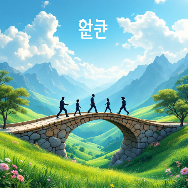 A picturesque, lush natural landscape features prominently, with rolling green hills in the foreground and majestic mountains in the distance under a bright blue sky. At the center, a bridge designed in the shape of a radical symbol (√) spans the tranquil scene. Numbers 4, 16, 25, and 36 are depicted confidently walking across the bridge, while the number 2 stands sternly atop the radical symbol, exuding authority as the "police officer." Meanwhile, the number 5, positioned at the bridge's entrance, appears frustrated and caught in a dynamic "hand-up" gesture, seemingly stopped from proceeding. Trees and small details such as flowers enhance the playfulness and beauty.