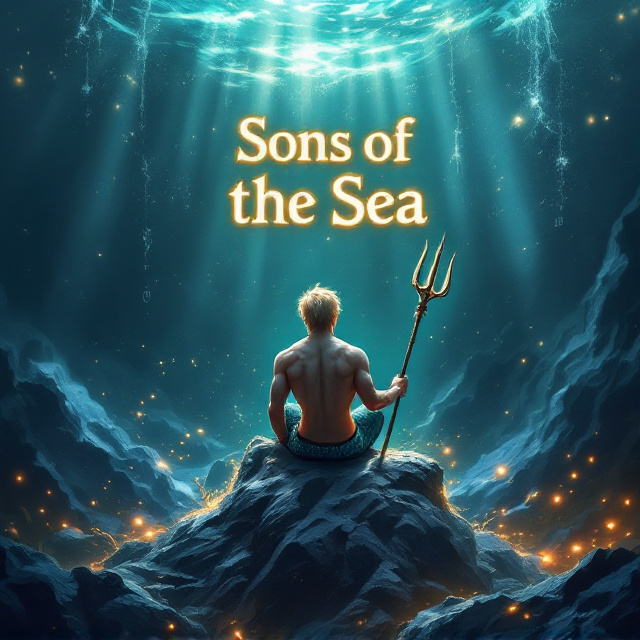 A stylized illustration features a merman with short blond hair sitting on a jagged rock at the bottom of the cover. He holds an ornate trident, its sharp tips glinting faintly. Above him, the ocean's surface is hinted at, with beams of sunlight breaking through the water, casting an otherworldly glow. The water around him swirls with mysterious dark shadows and glowing runes, hinting at an adventure awaiting beneath the waves. The title, "Sons of the Sea," is emblazoned in radiant golden, glowing lettering, strategically placed toward the upper portion of the cover. The color palette is predominantly oceanic shades of blue, teal, and silver with touches of gold for accents.