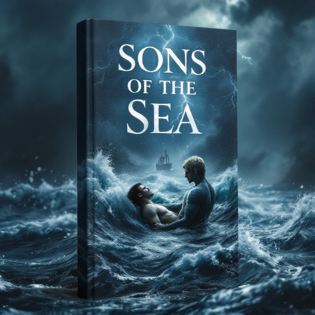 A storm-filled night sky covers most of the cover, shades of dark gray and midnight blue dominating. Waves churn and crash violently with foam in varying layers of depth. At the bottom right corner, a merman with shimmering, scaled shoulders and short blond hair emerges from the water, holding an unconscious man with short brown hair. The man’s limp body rests against the merman, his torso partially submerged. Lightning splits the sky in the background, faintly illuminating a mysterious silhouette of a ship in the distance, shrouded in mist.