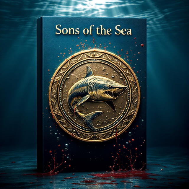 A dark, deep blue ocean backdrop dominates the field, with visible gradients representing the ocean’s depth. At its core, a dazzling gold medallion embossed with an intricate shark illustration is sinking downward. Arc-like streams of red, delicate wisps of blood, ripple around the medallion, blending into the water. Light rays filter through the ocean as faint beams from the surface, softly highlighting the medallion but leaving the surroundings in shadowy intrigue. Tiny bubbles escape from the medallion and ascend toward the surface for additional detail.