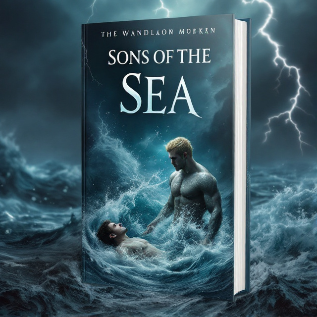 A tempestuous storm dominates the background, with chaotic waves cresting in tones of dark blue, gray, and white. The blonde merman, shimmering with scales that glint like sapphire, is positioned in the bottom-right quadrant. His muscular arm supports an unconscious man with soaked short brown hair, his limp body partially submerged in the roiling water. Lightning forks across the sky, casting dramatic highlights and deep shadows, while faint hints of daylight struggle to break through ominous clouds. The use of muted colors creates a subdued, mysterious atmosphere.