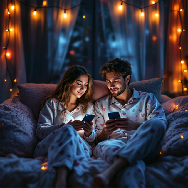 A dimly lit, cozy room forms the backdrop with strings of fairy lights faintly visible at the top edges, casting a warm glow in the otherwise dark environment. The girl and the guy sit back-to-back, separated by a wall of fluffy, colorful pillows. Both are dressed in cute, patterned pajamas – hers with pastel hearts, his with faint abstract shapes. They are each holding smartphones, the glow of the screens gently illuminating their faces, which show soft expressions of longing and an unspoken connection. The dark watercolor-textured background edges fade into the cozy scene, emphasizing the intimacy of the setting.