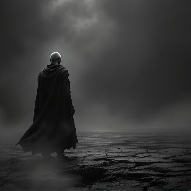An aged, battle-worn man with deep scars on his body stands at the foreground, slightly turned away, his silhouette cloaked in shadow. His posture exudes strength and nobility, gazing out into an empty, desolate, and barren wasteland stretching into the infinite horizon. The background is veiled in black and grey gradients, with subtle textures resembling cracked earth or dry deserts. Wisps of faint, smoky white curl around the edges, evoking a sense of both discomfort and resilience. A faint glow, symbolizing wisdom and hope, subtly encircles the man’s head to hint at his perseverance and inner light.
