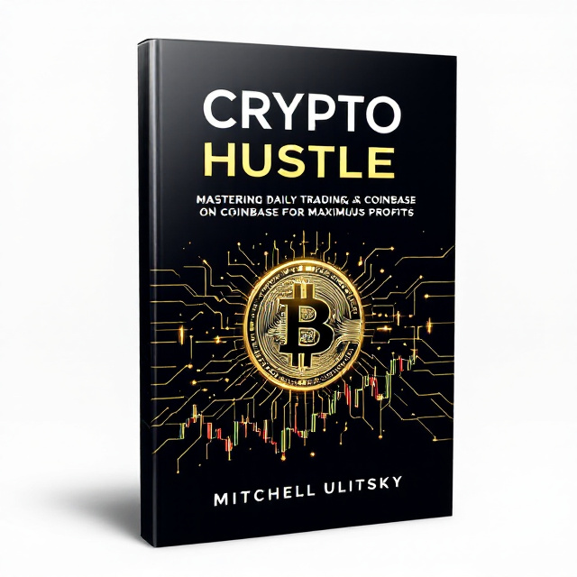 A sleek black background with a shimmering blockchain network in gold that spans diagonally across the cover. In the center, a glowing crypto coin representing Bitcoin with intricate digital circuits emanating outward. A subtle candlestick chart with upward green and downward red bars faintly outlined at the edges, giving the impression of active trading.