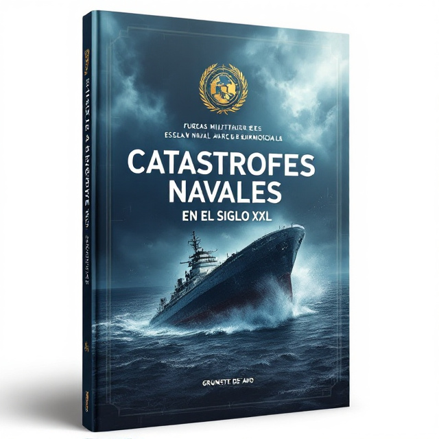 The cover features a dramatic maritime theme with a navy blue oceanic background. In the foreground, a large sinking vessel is depicted at a slight diagonal angle to evoke tension, with water splashing up around it. The sky transitions into a stormy grey, with faint beams of sunlight breaking through dense clouds, symbolizing hope amid disaster. A subtle map grid is overlaid on the background, hinting at navigation and maritime exploration. The logo or emblem of "FUERZAS MILITARES ARMADA NACIONAL ESCUELA NAVAL DE SUBOFICIALES ARC BARRANQUILLA" is placed prominently at the top in muted golden-yellow for balance.