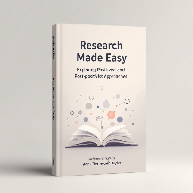 A clean, neutral-toned background featuring a subtle gradient of light beige and soft gray meant to evoke clarity and professionalism. At the center, a stylized illustration of an open book with abstract geometric shapes (e.g., circles, lines, rectangles) flowing out of it to symbolize research methodologies and structured thinking. Transparent, minimalist icons representing balance scales (positivist notion of objectivity) and interconnected nodes (post-positivist complexity) are faintly visible in the background for added depth.