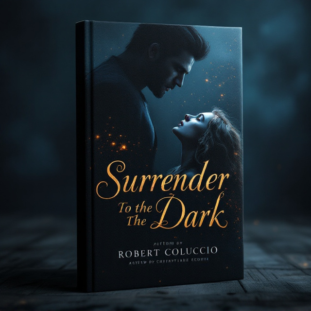 A dark, moody background with muted tones of deep blue and black, suggesting mystery and danger. A hazy silhouette of a tall, strong, dark-haired man with sharp features looms in the background, while in the foreground, a luminous, golden-haired woman gazes upwards with longing, her expression a mix of vulnerability and desire. Soft specks of light, reminiscent of fireflies or city lights, twinkle across the background, adding a romantic allure. The edges of the cover fade into shadows, giving an intimate, enclosed feel.