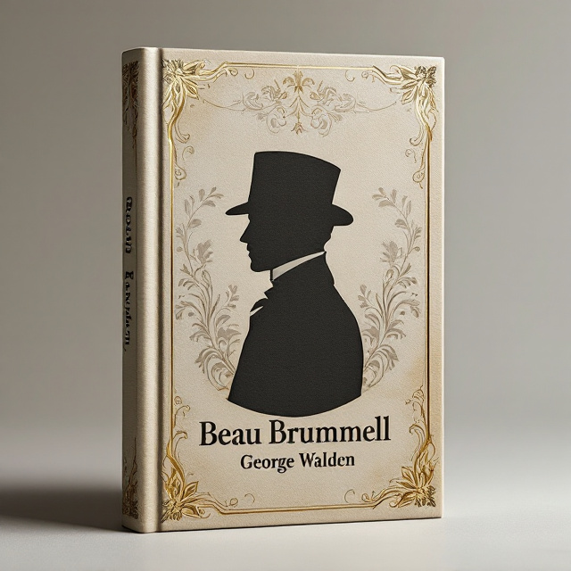 A silhouette of Beau Brummell depicted in a stylized Regency-era suit against a muted, textured background resembling vintage parchment. The silhouette is accentuated with fine gold foiling at the edges. Behind the silhouette, faintly embossed is a pattern composed of intricate floral motifs, giving it an elegant and timeless look.